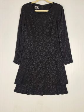 YL by Yair Black Floral Long-Sleeve Tiered A-Line Dress